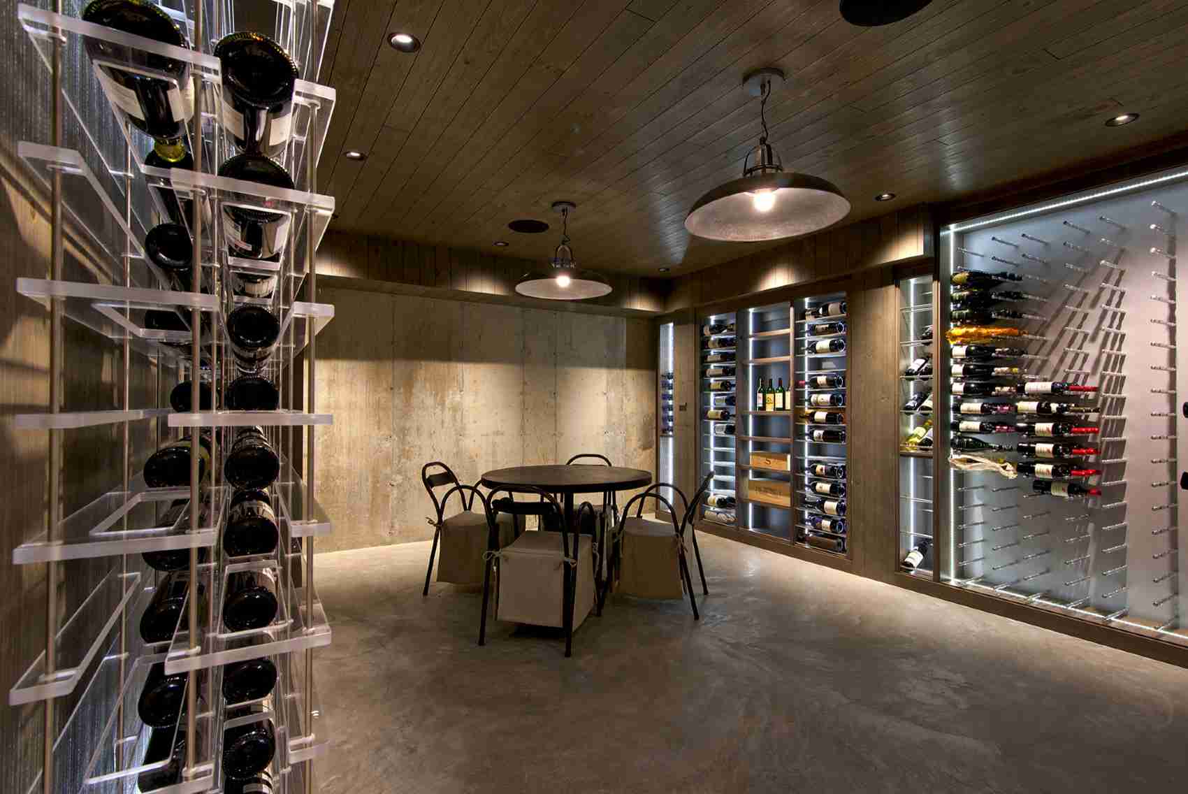Hollywood Hills Industrial Modern and Contemporary Custom Wine Cellar with Wine Room