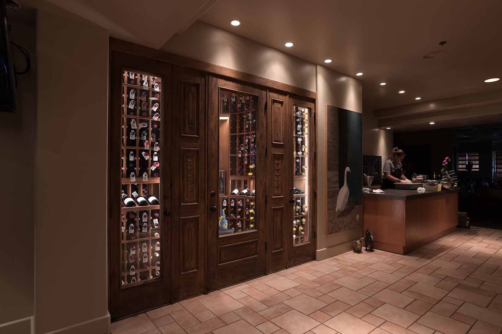 Custom wine cellar inside of renowned Pamplemousse Grille Restaurant in Del Mar, San Diego, California