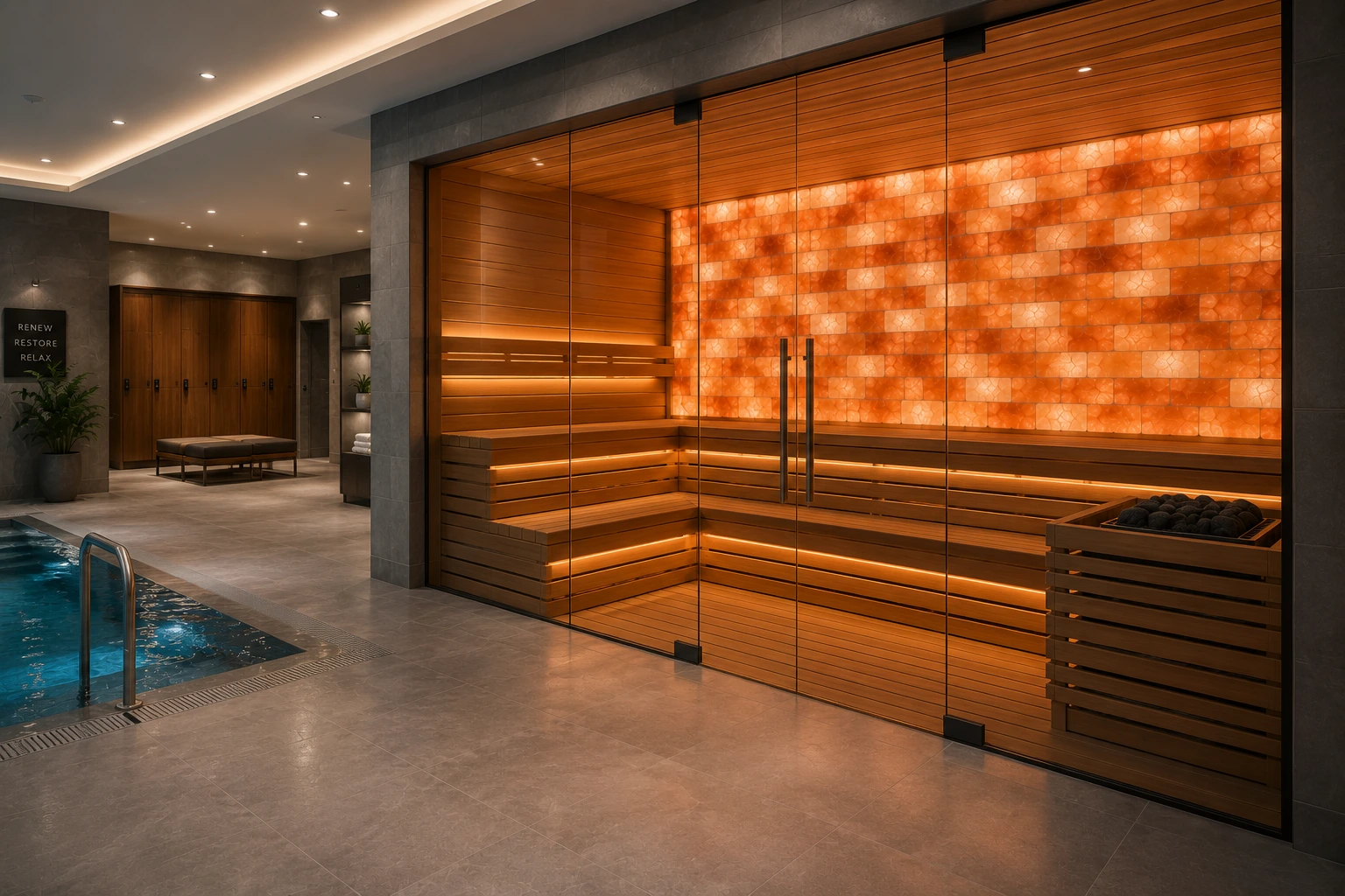 Commercial spa with a large custom glass sauna featuring a backlit Himalayan salt brick wall next to a pool and locker area.