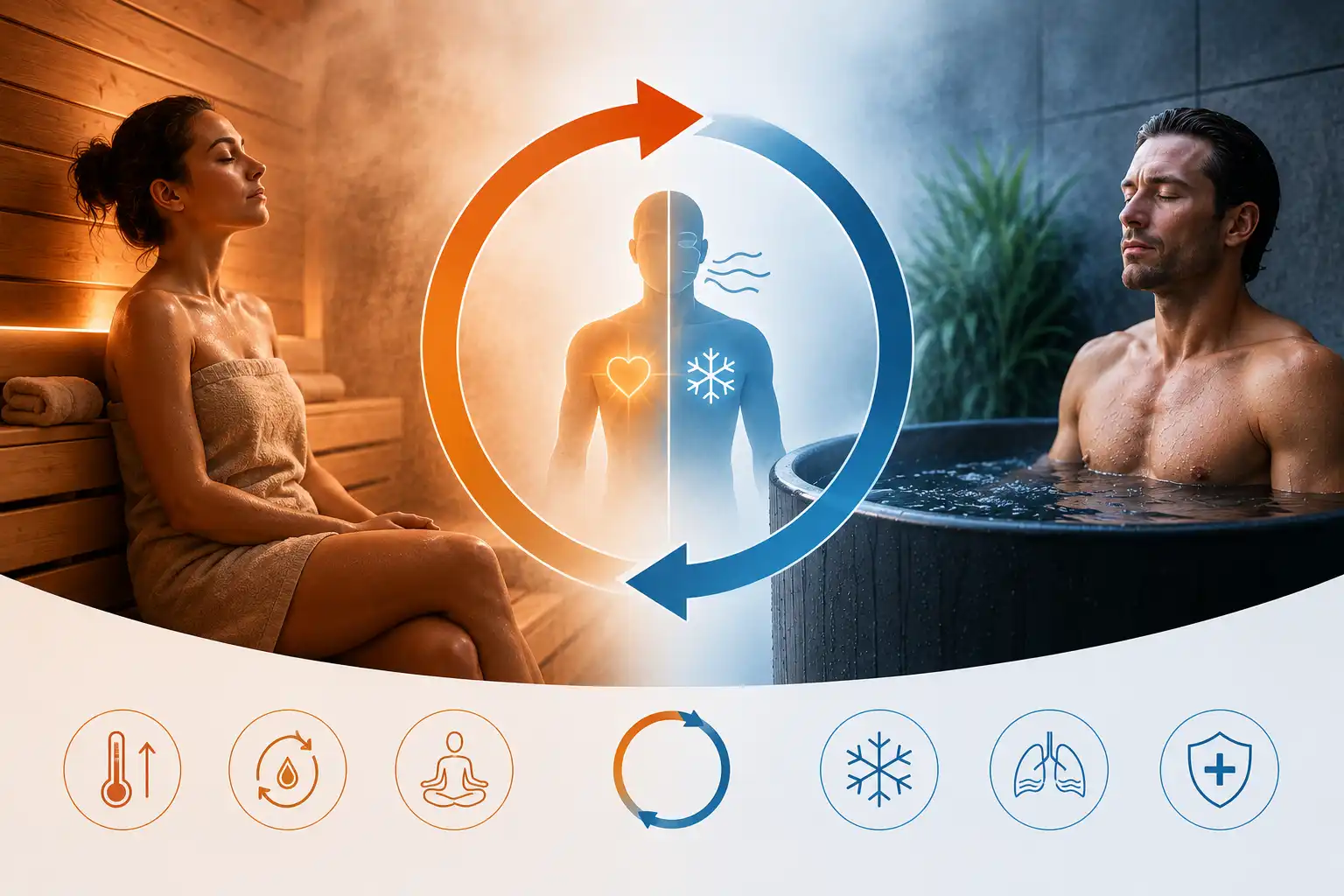 Split illustration of a person relaxing in a sauna and another in a cold plunge, connected by circular arrows representing contrast therapy and the repeated cycle of heat and cold.