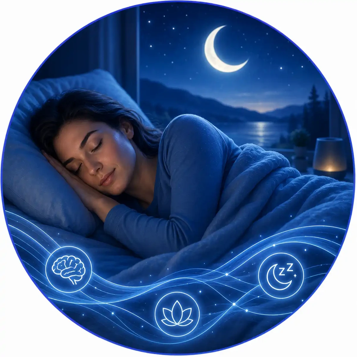 Illustration of a person sleeping peacefully at night, representing better sleep and more restorative rest associated with regular cold plunge therapy.