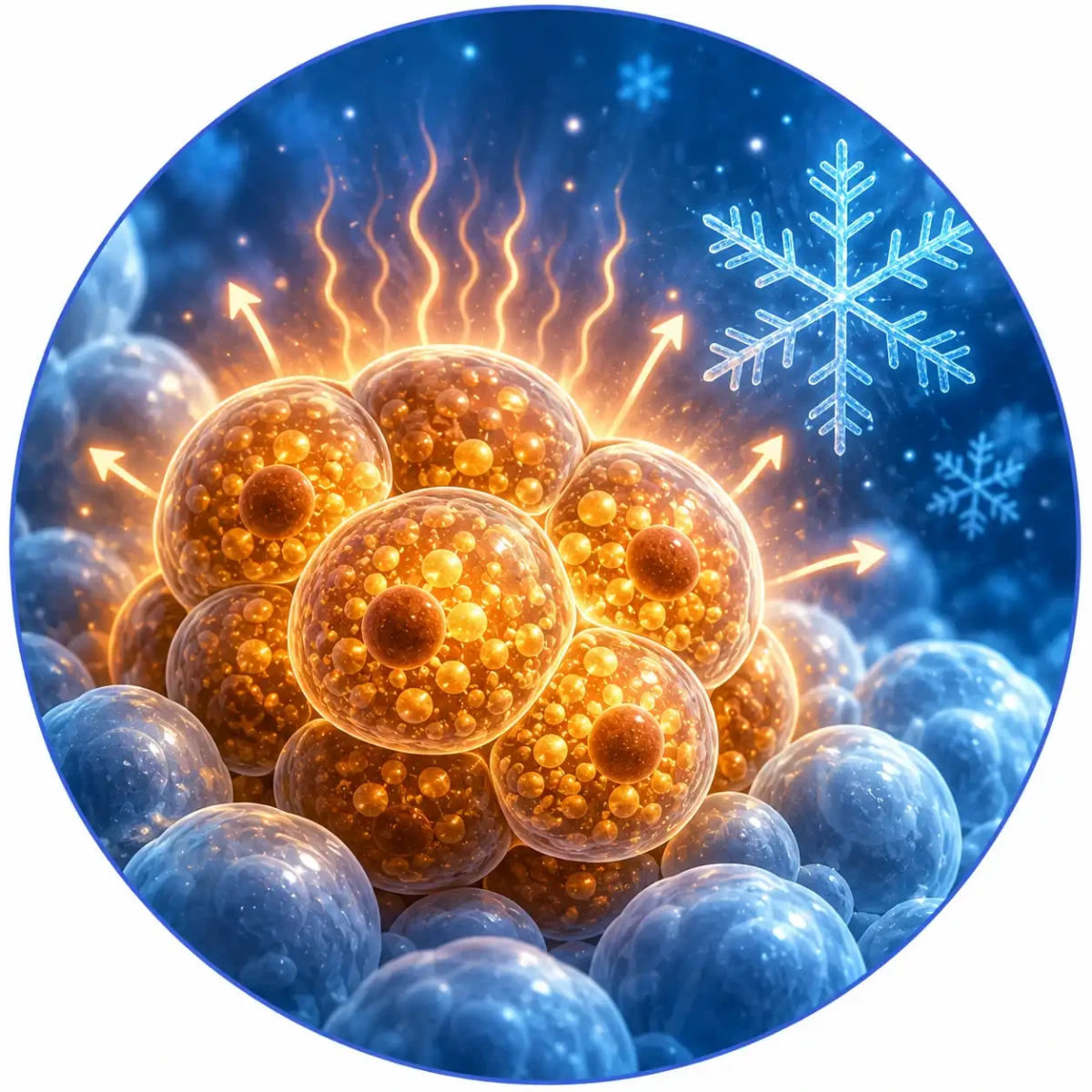 Illustration of activated brown fat cells generating heat during cold exposure, representing brown fat activation and thermogenesis associated with cold plunge therapy.