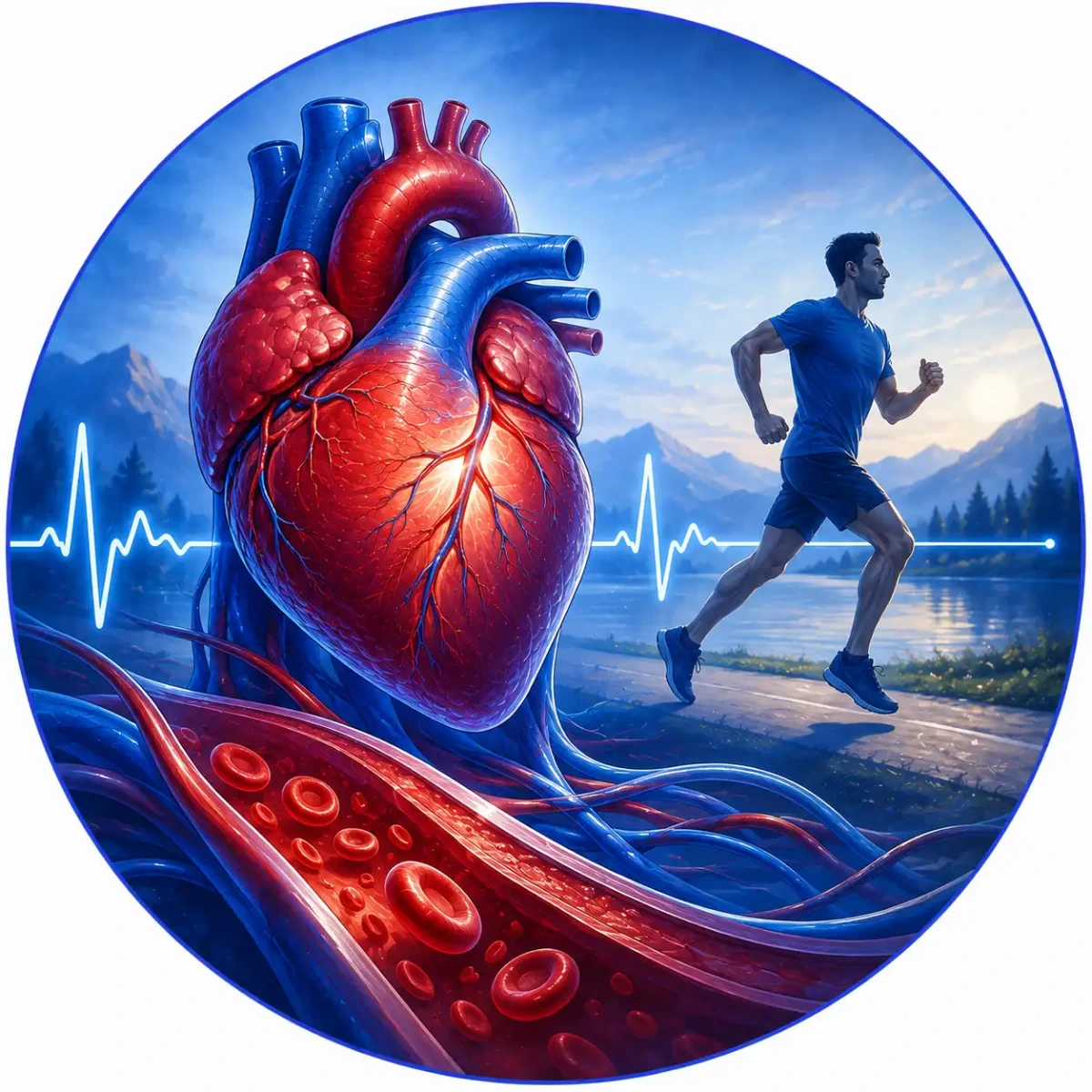 Illustration of the heart, blood vessels, and a runner, representing cardiovascular health and healthy circulation associated with regular cold exposure and contrast therapy.