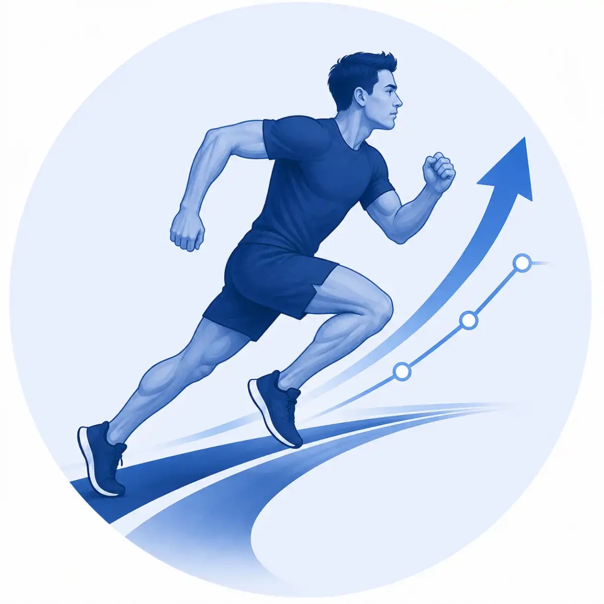 Illustration of a runner moving forward with an upward performance graph, representing enhanced physical performance and long-term training progress supported by consistent recovery.
