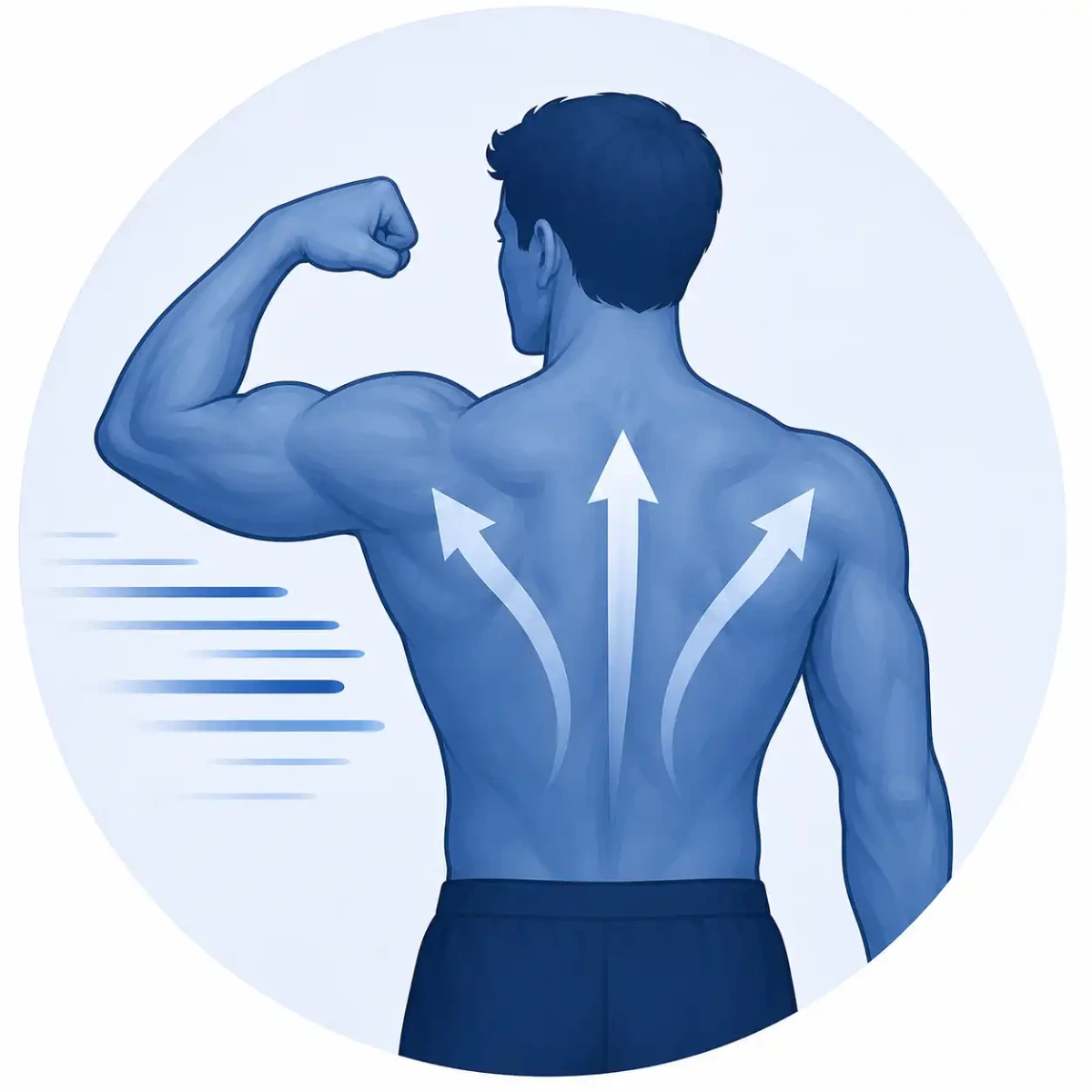 Illustration of a person flexing with arrows across the back, representing faster muscle recovery and improved recovery following cold plunge therapy.