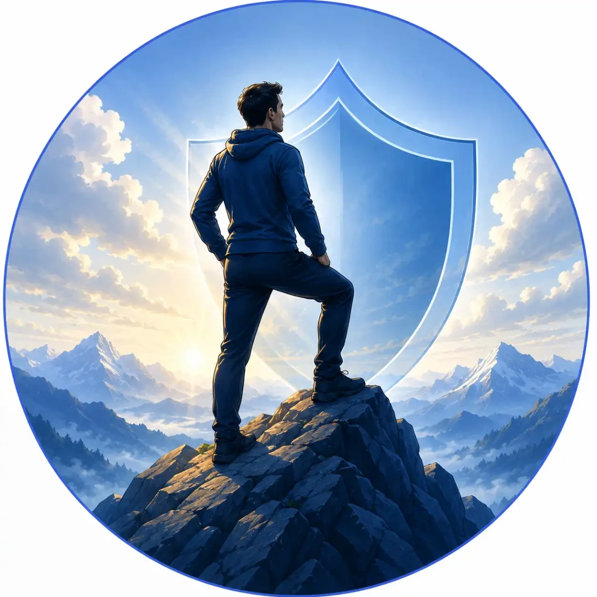 Illustration of a person standing confidently on a mountaintop with a protective shield, representing greater resilience and the body's ability to adapt to controlled stress through cold plunge therapy.