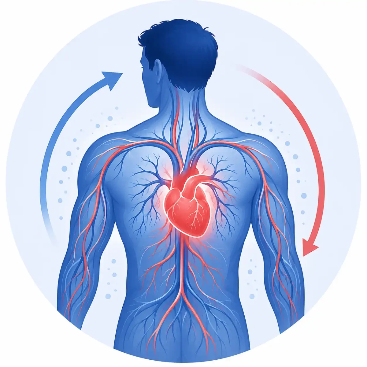 Illustration of the circulatory system highlighting the heart and blood vessels, representing improved circulation and healthy blood flow associated with contrast therapy.