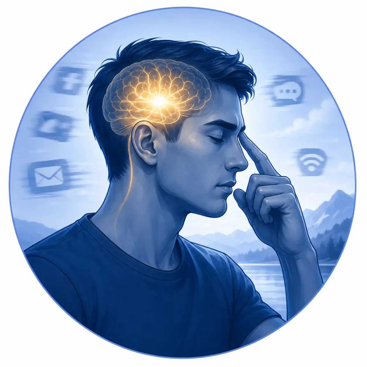 Illustration of a person concentrating with a highlighted brain, representing improved focus and present-moment awareness associated with cold plunge therapy.
