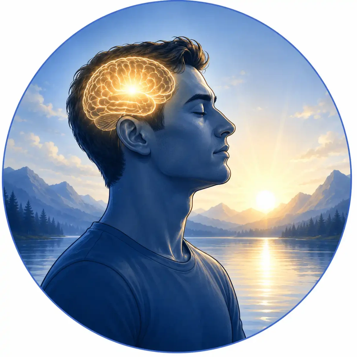 Illustration of a person with a highlighted brain overlooking a peaceful landscape, representing mental clarity and enhanced cognitive focus associated with cold plunge therapy.