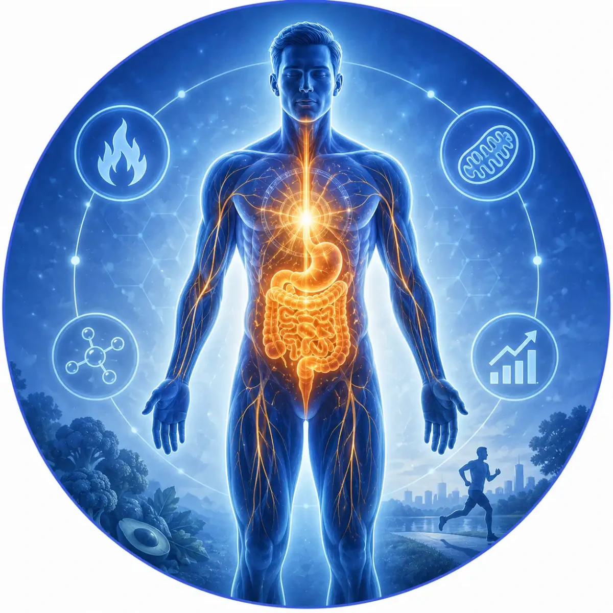 Illustration of the human body highlighting the digestive system and metabolism, representing the potential metabolic health benefits associated with regular cold exposure and brown fat activation.