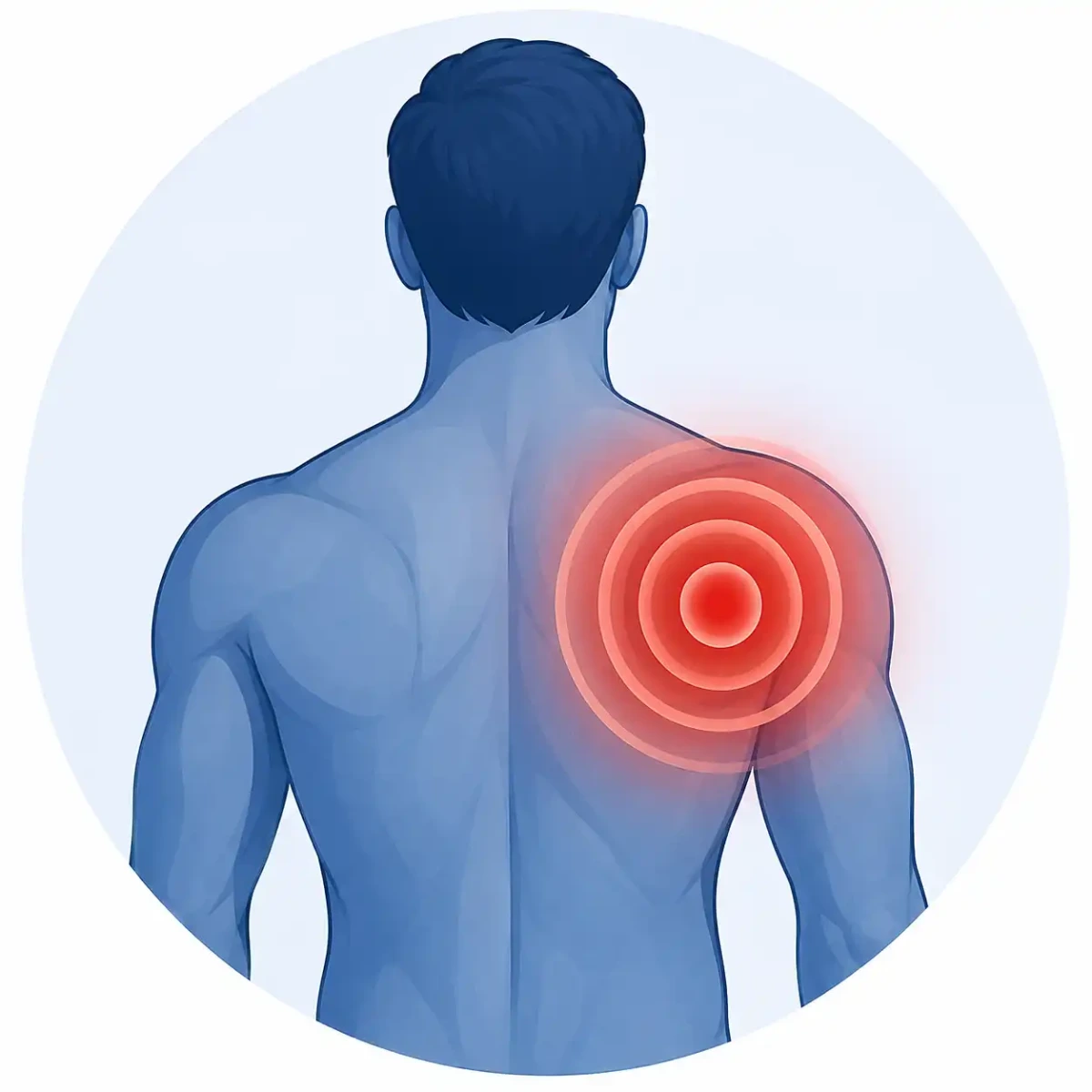 Illustration of a person's upper back with a highlighted shoulder muscle, representing reduced muscle soreness and recovery following cold plunge therapy.