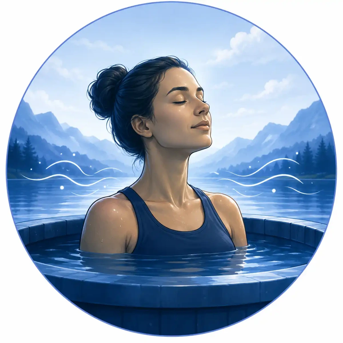 Illustration of a person calmly practicing controlled breathing during a cold plunge, representing reduced stress and improved relaxation through cold water immersion.