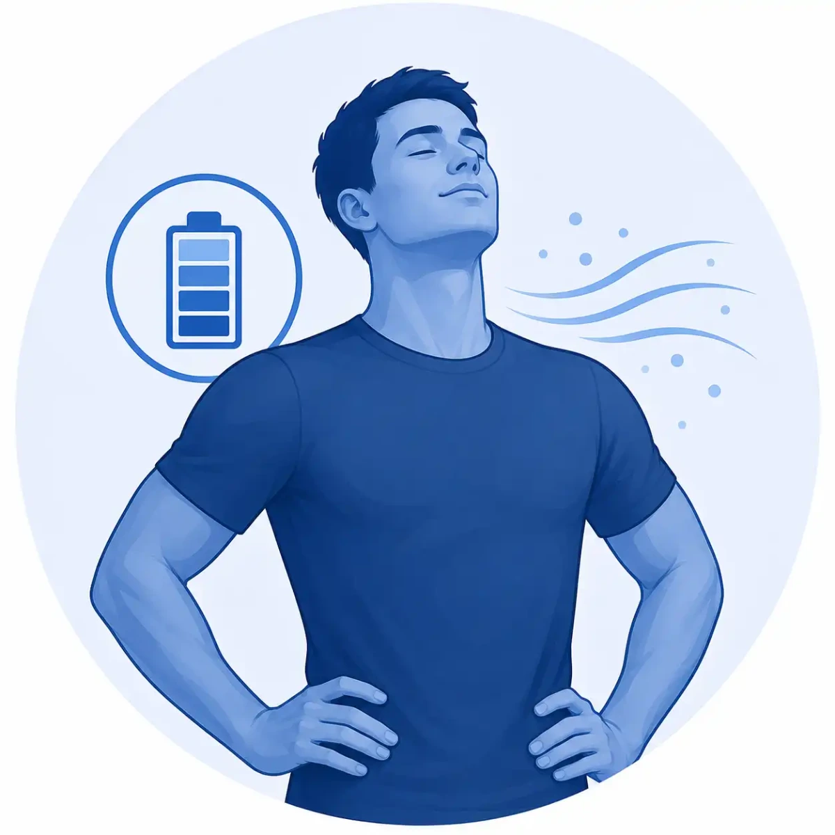 Illustration of a person standing confidently with a battery icon, representing reduced post-workout fatigue and renewed energy after cold plunge therapy.