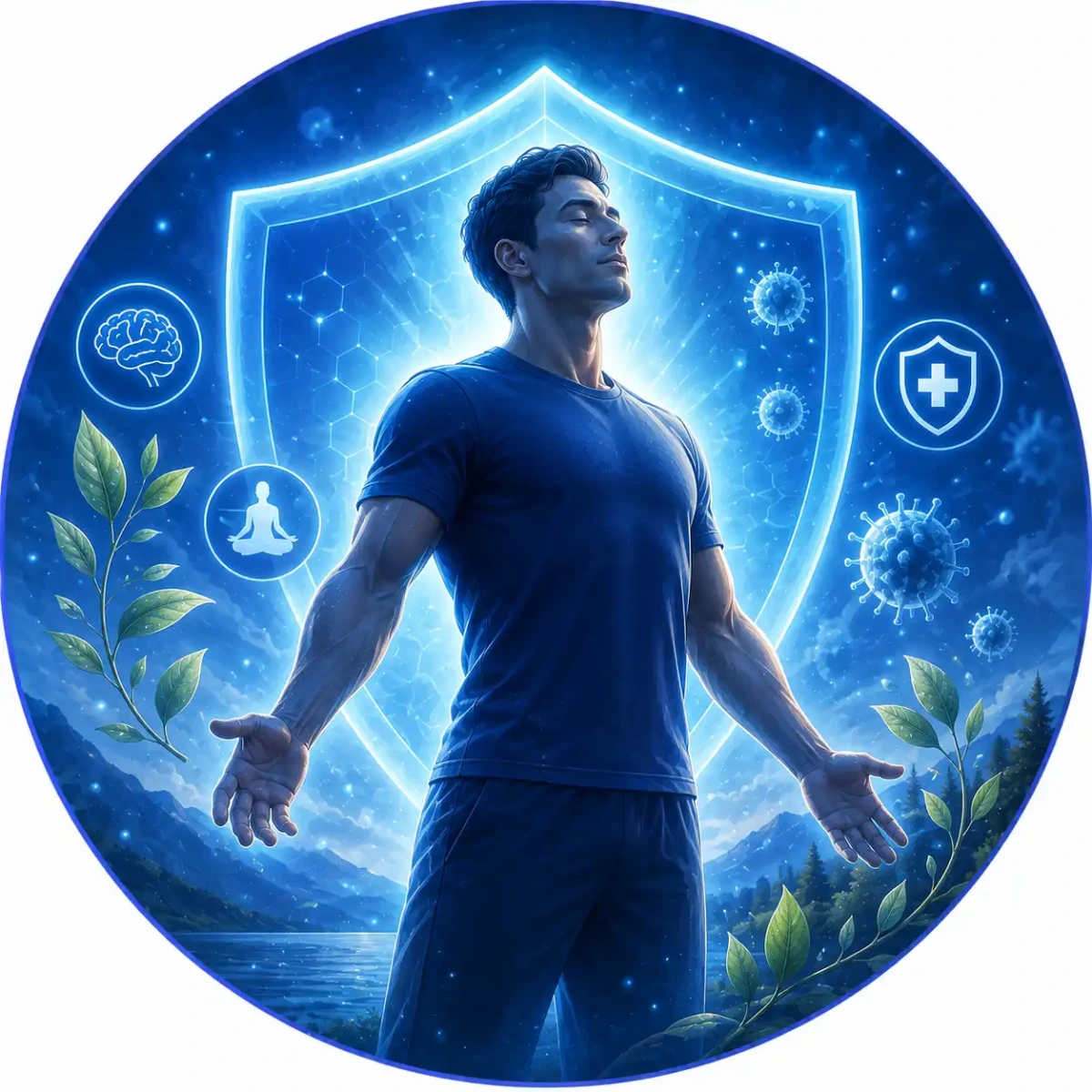Illustration of a person standing confidently within a protective shield, representing stress adaptation and immune support associated with regular cold exposure and contrast therapy.