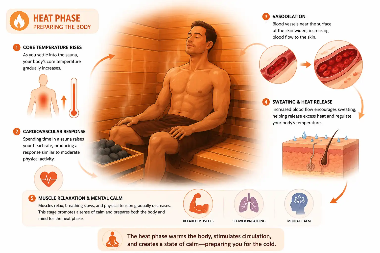 Educational diagram illustrating the heat phase of contrast therapy, showing how a sauna raises core body temperature, increases circulation through vasodilation, promotes sweating, elevates heart rate, and relaxes muscles while preparing the body for a cold plunge.