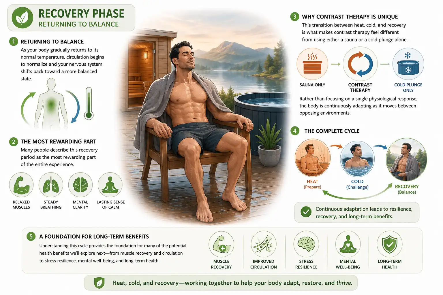 Educational diagram illustrating the recovery phase of contrast therapy, showing how the body returns to balance after heat and cold exposure through normalized circulation, steady breathing, mental clarity, and long-term adaptation.