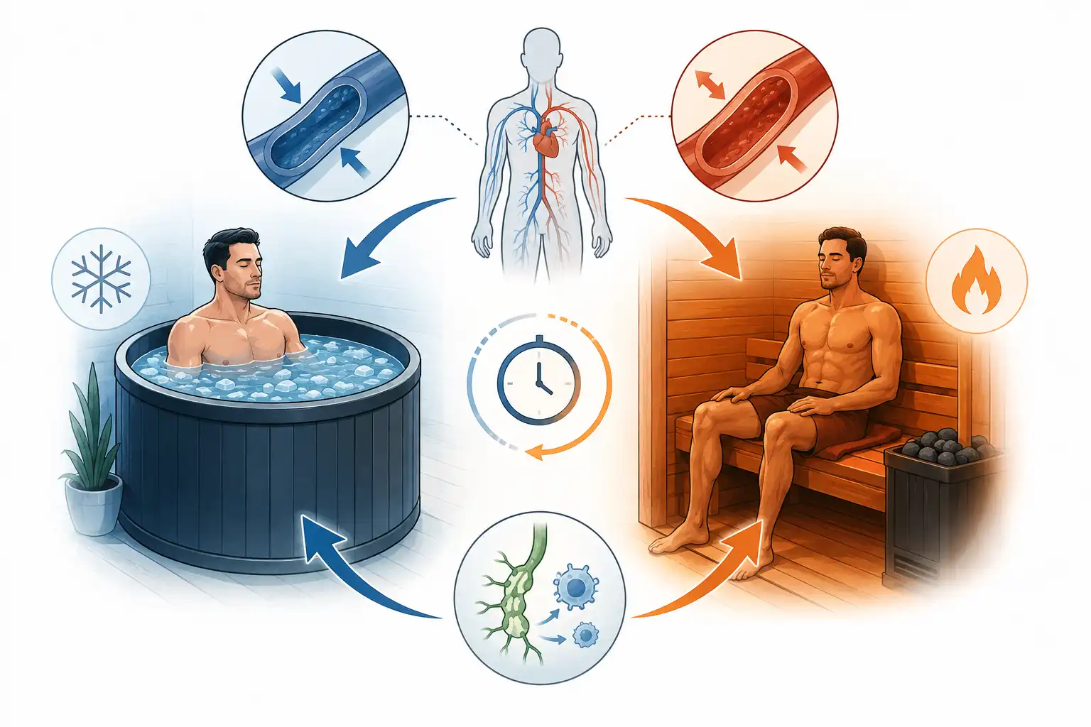 Illustration of contrast therapy featuring a custom sauna and cold plunge, showing the alternating cycle of heat and cold to support circulation and muscle recovery.