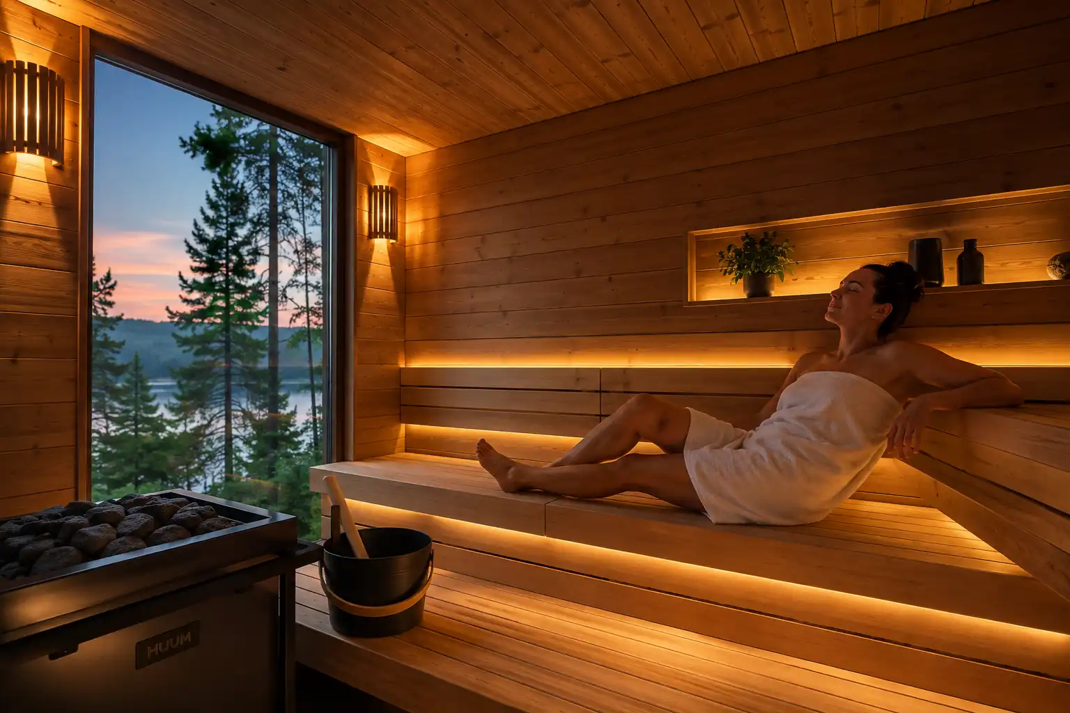Person relaxing in a custom cedar sauna with warm ambient lighting and a large picture window overlooking a peaceful forest landscape.