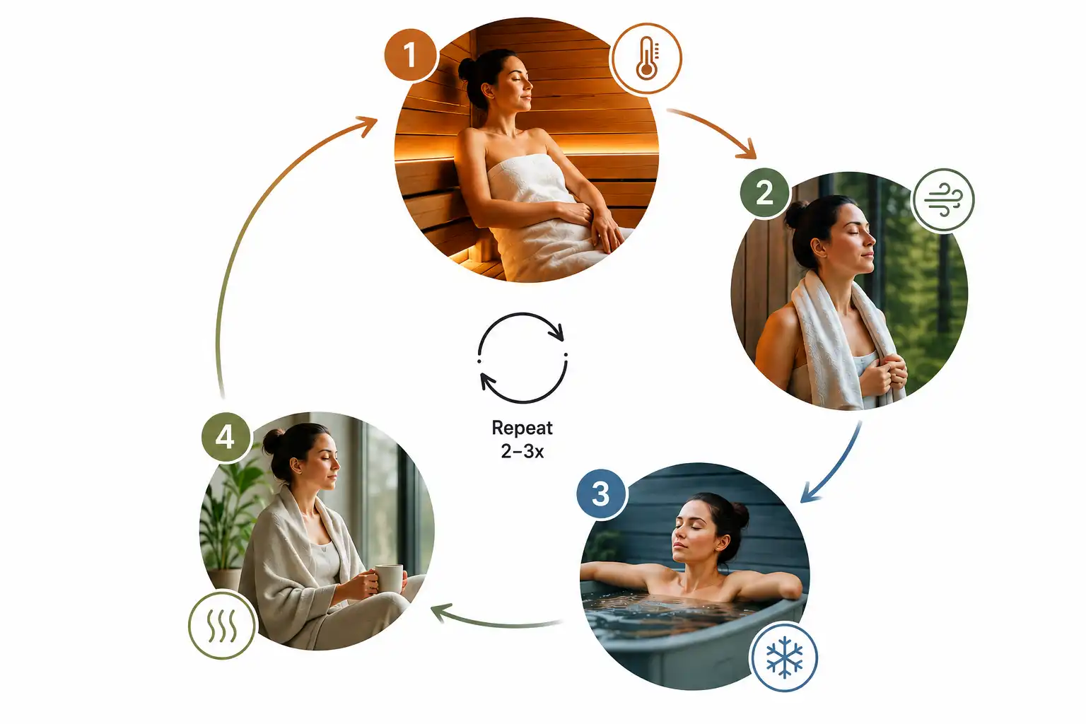 Four-step contrast therapy routine showing sauna, cool-down, cold plunge, and recovery, with arrows illustrating the cycle repeated two to three times.