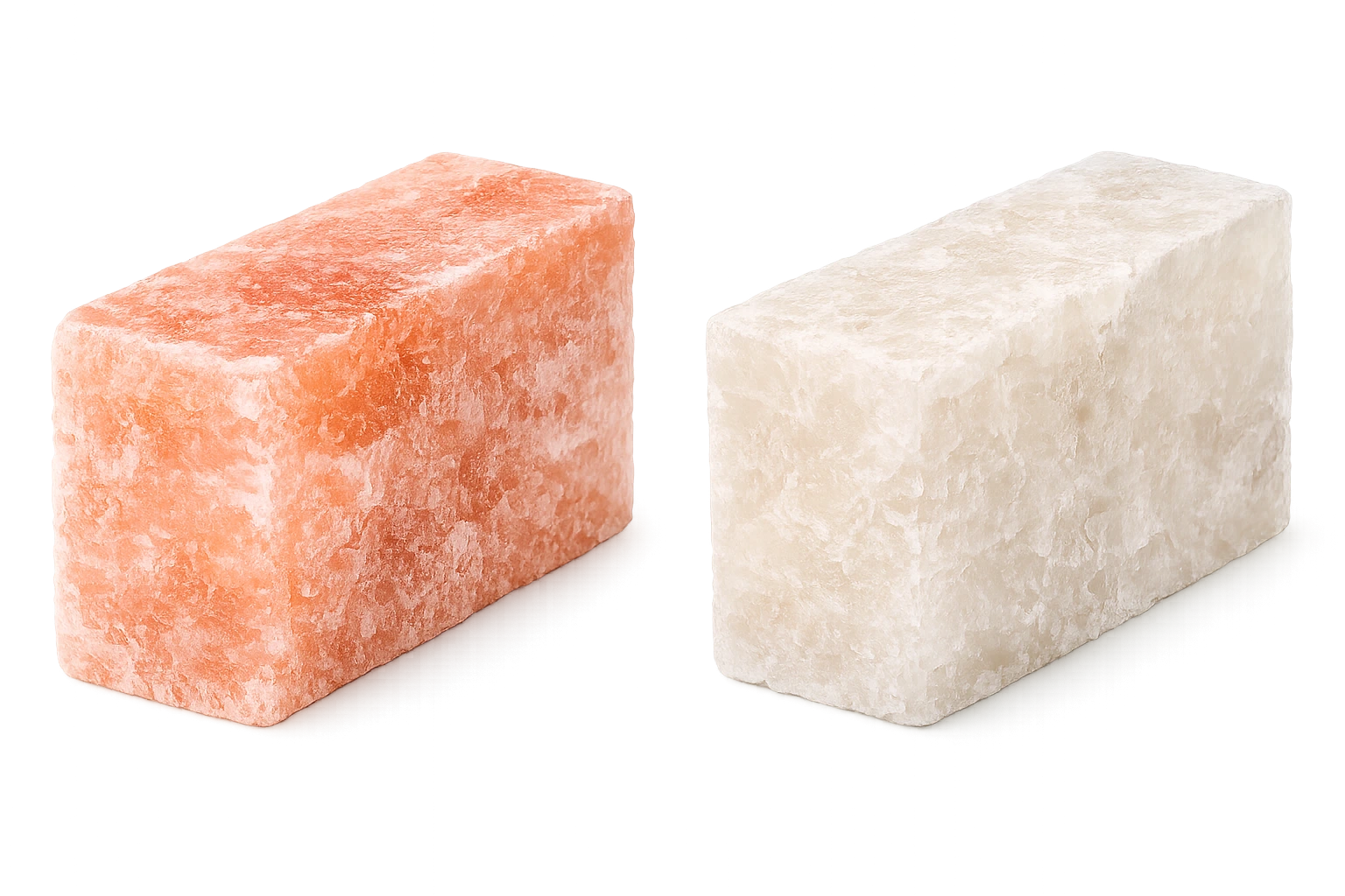 Pink and white Himalayan salt bricks shown side by side, highlighting the natural color and texture differences used in custom sauna salt walls.
