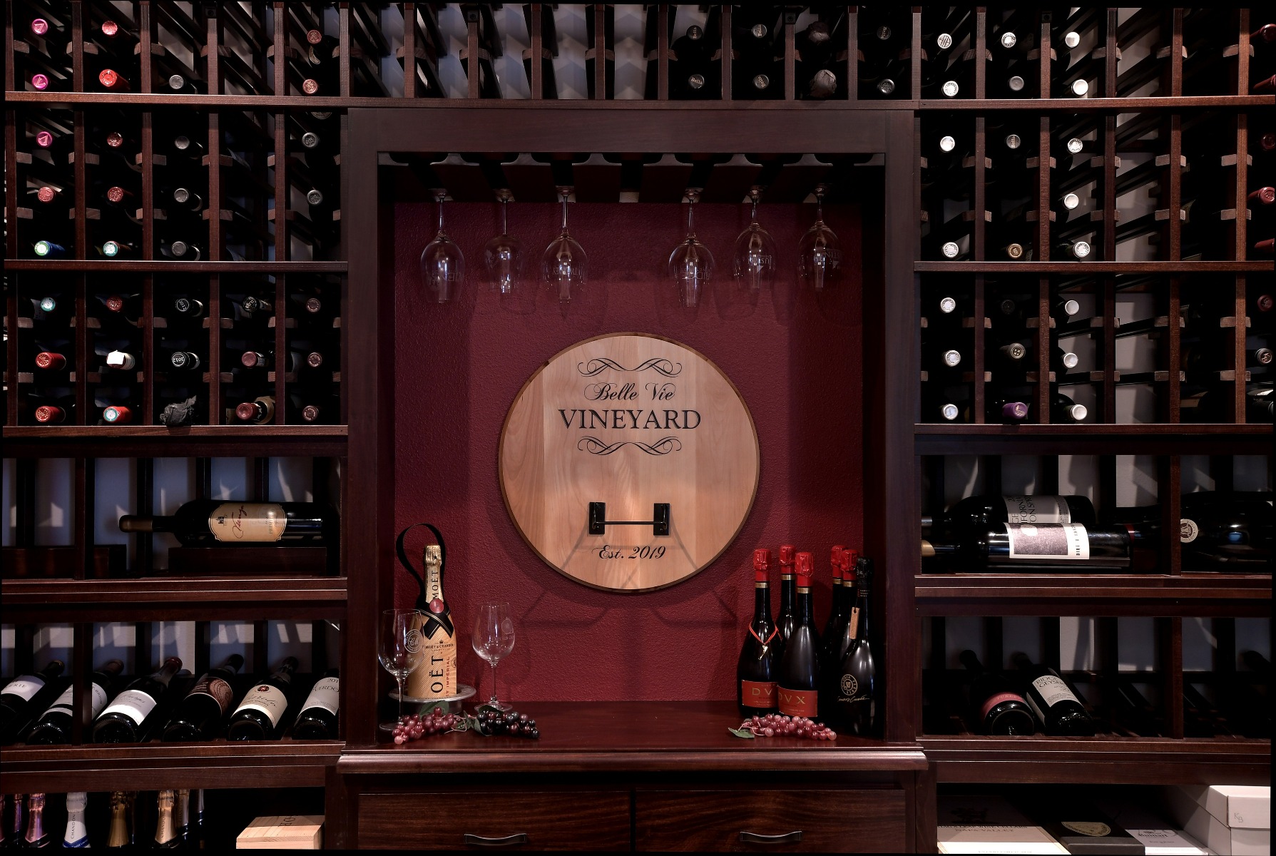 Custom wine cellar showpiece, featuring label forward design