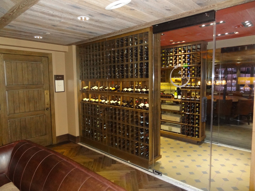 Glass-enclosed, rustic yet modern wine cellar, Avant Restaurant, at the Rancho Bernardo Inn, San Diego, California