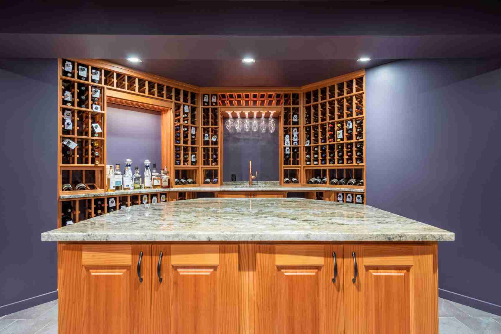 Guilford Connecticut Custom Wine Cellar Redwood Traditional Glass Wine Room with unique shape