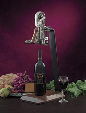 The Rogar Champion Pewter-Plated Wine Opener with Hardwood Handle & Table Stand