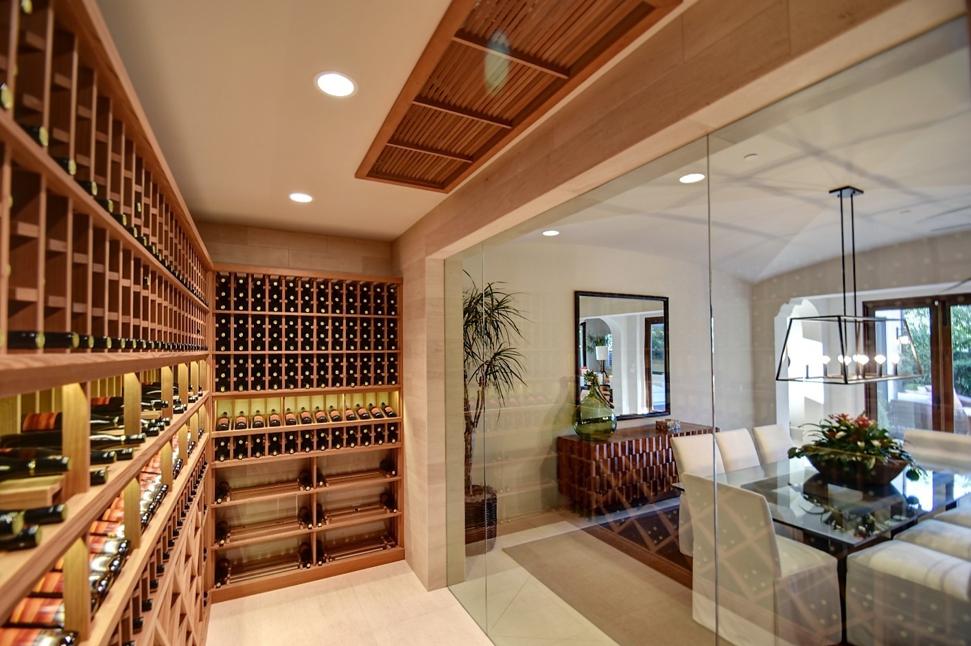 Orange County modern, yet traditional, custom wine cellar with glass wall