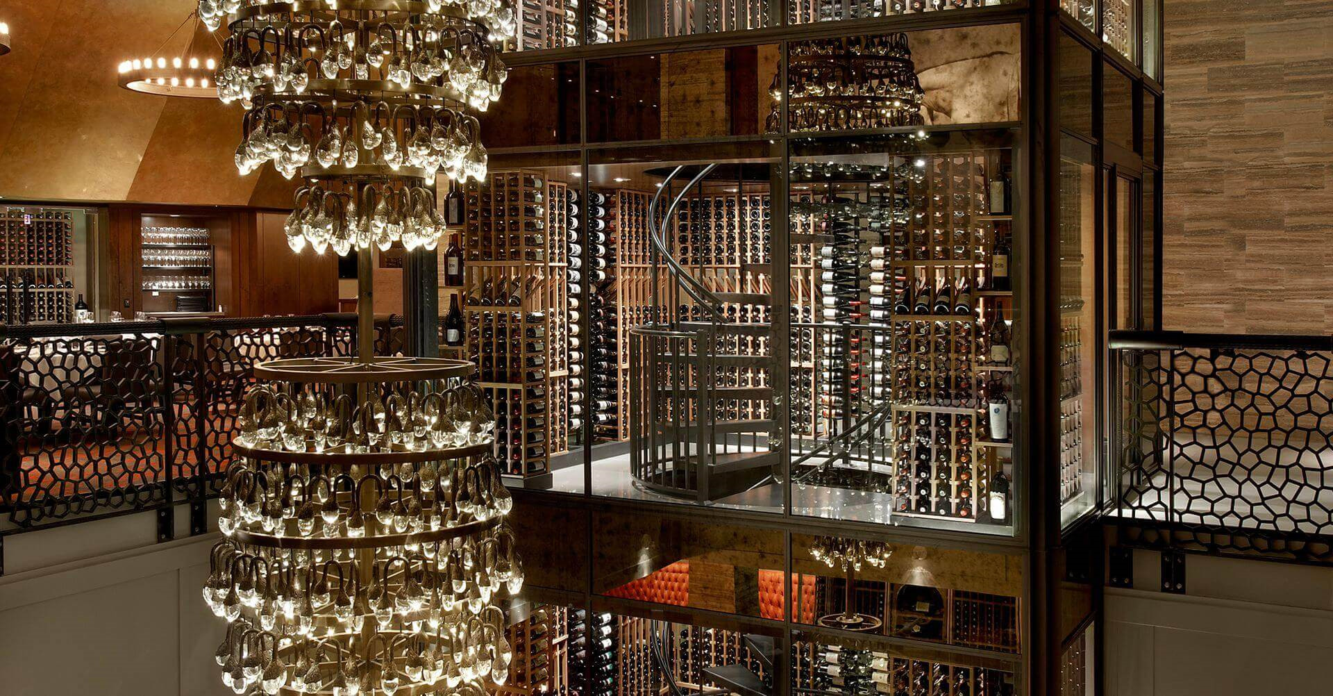 Del Frisco’s Chicago - Four Story Glass Enclosed Wine Cellar Tower with Traditional Wooden Racking